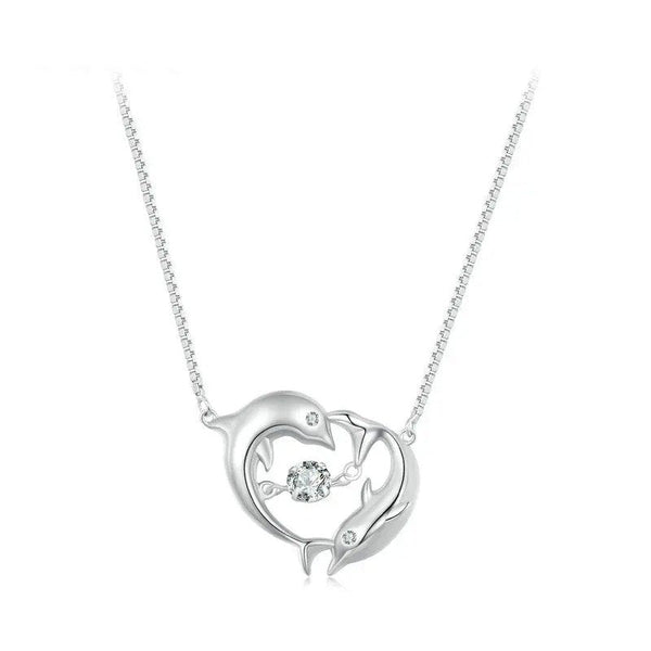 ˇFashion StreetˇDouble Dolphins Necklace Shiny Zircon Love Neck Chain